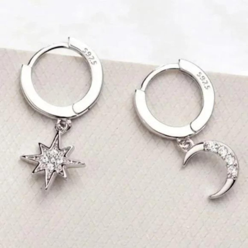 NEW 925 STERLING SILVER MOON STAR HOOPS, NICE EARRINGS, CUTE EARRINGS - Picture 2 of 7